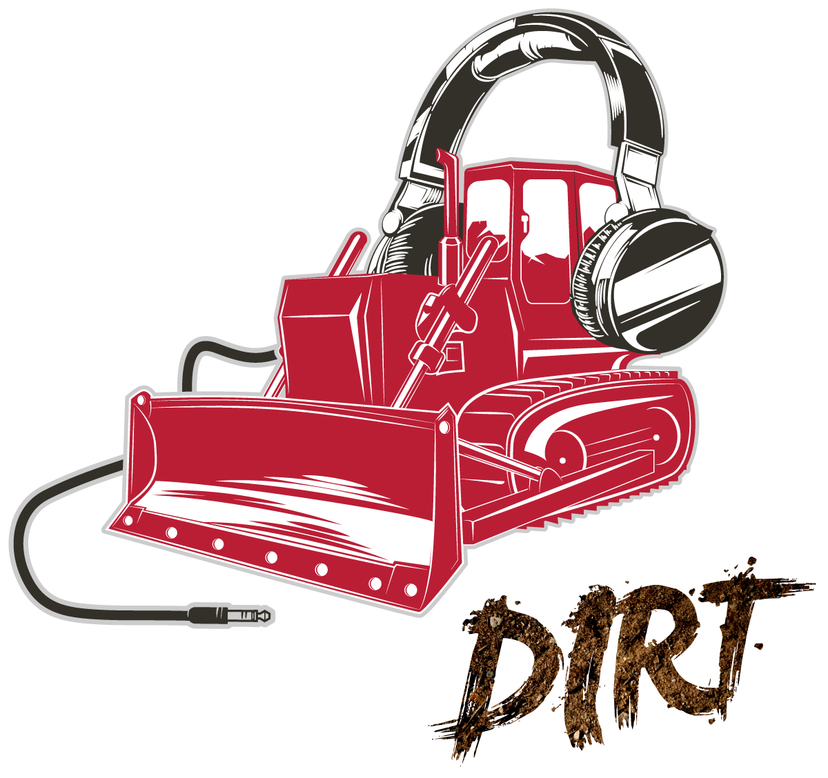 graphic design featuring a red bulldozer wearing black headphones